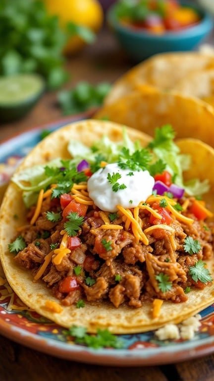 A taco filled with pulled pork, topped with lettuce, cheese, and tomatoes, with a colorful background.