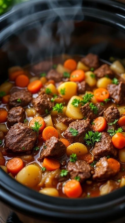 A slow cooker filled with beef stew, featuring chunks of beef, carrots, and potatoes in a rich broth.