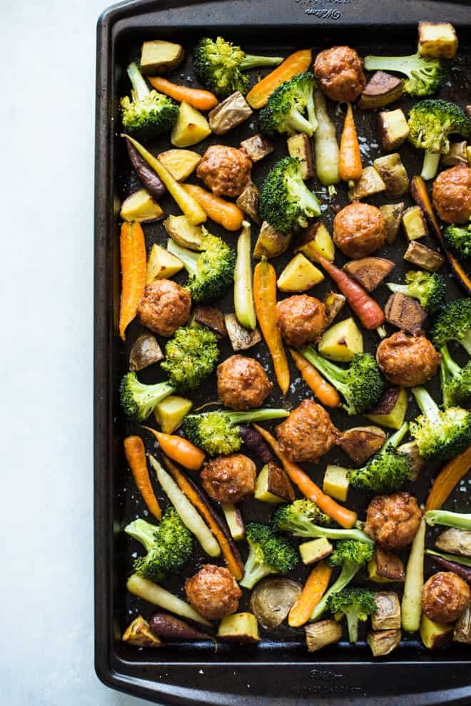 Chicken meatball sheet pan dinner