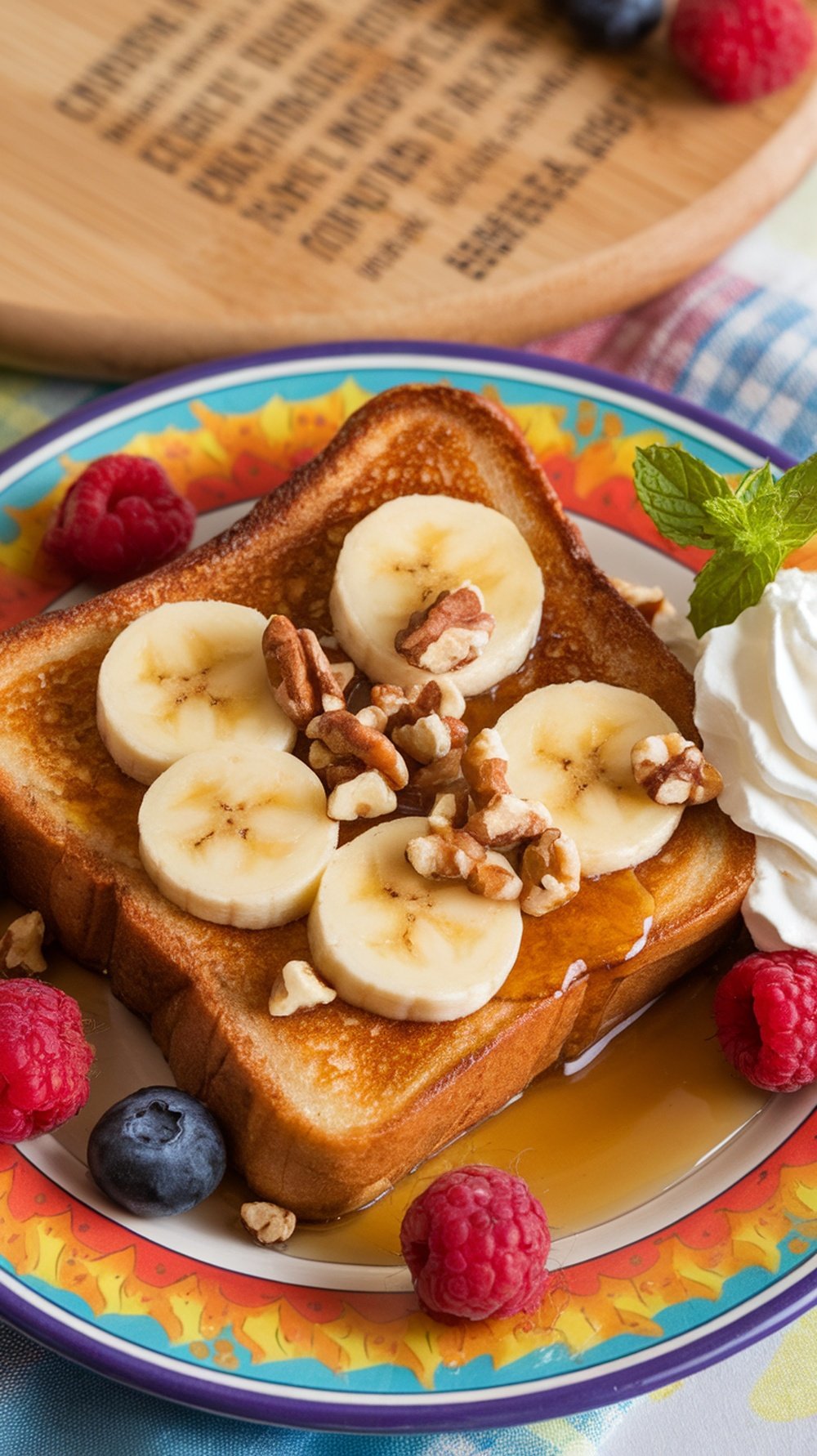 A plate of Banana Nut French Toast topped with banana slices, walnuts, and served with fresh berries.