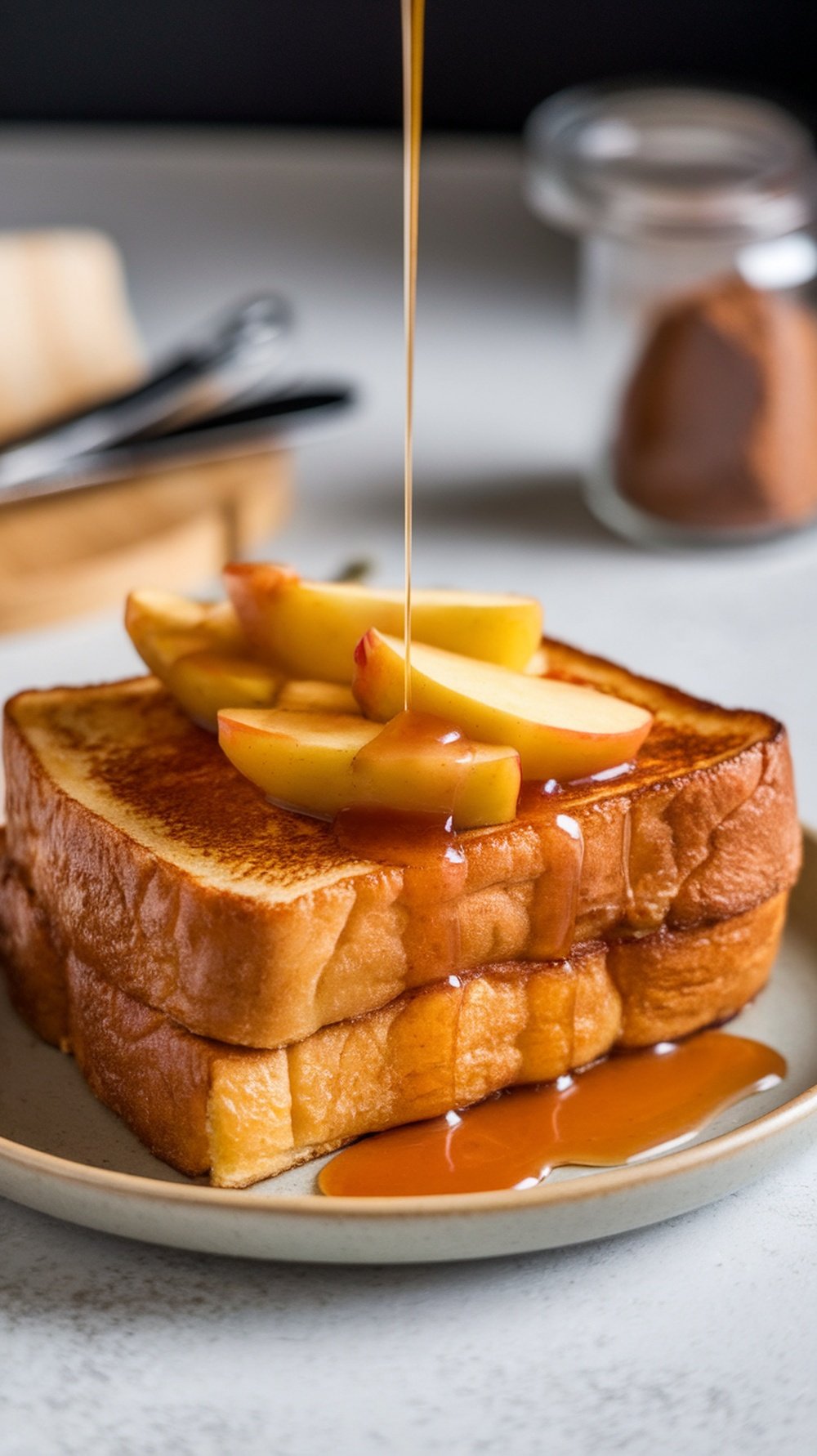 Delicious apple cinnamon stuffed French toast with syrup drizzling on top
