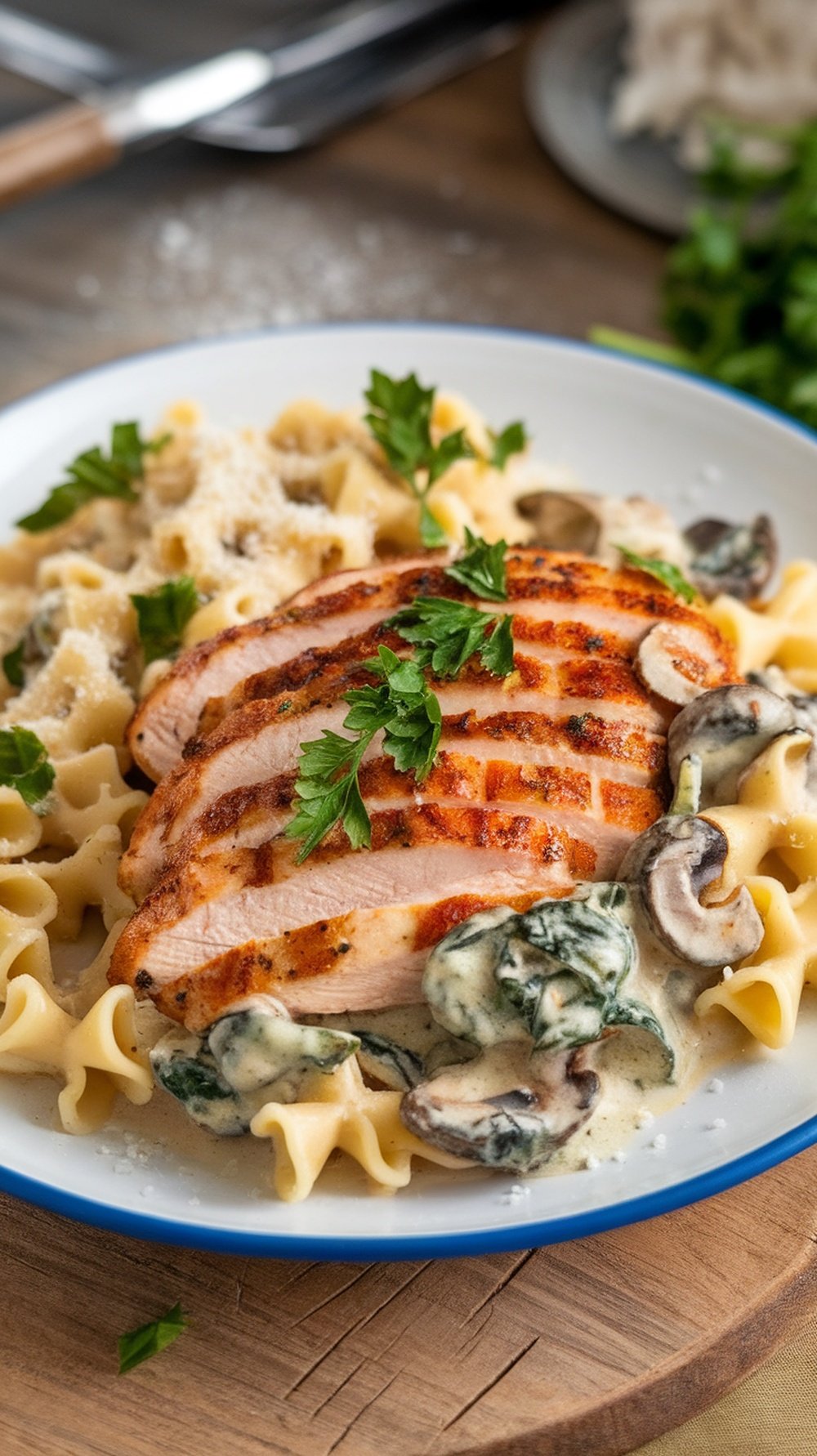 A plate of creamy spinach and mushroom chicken served over pasta, garnished with parsley.