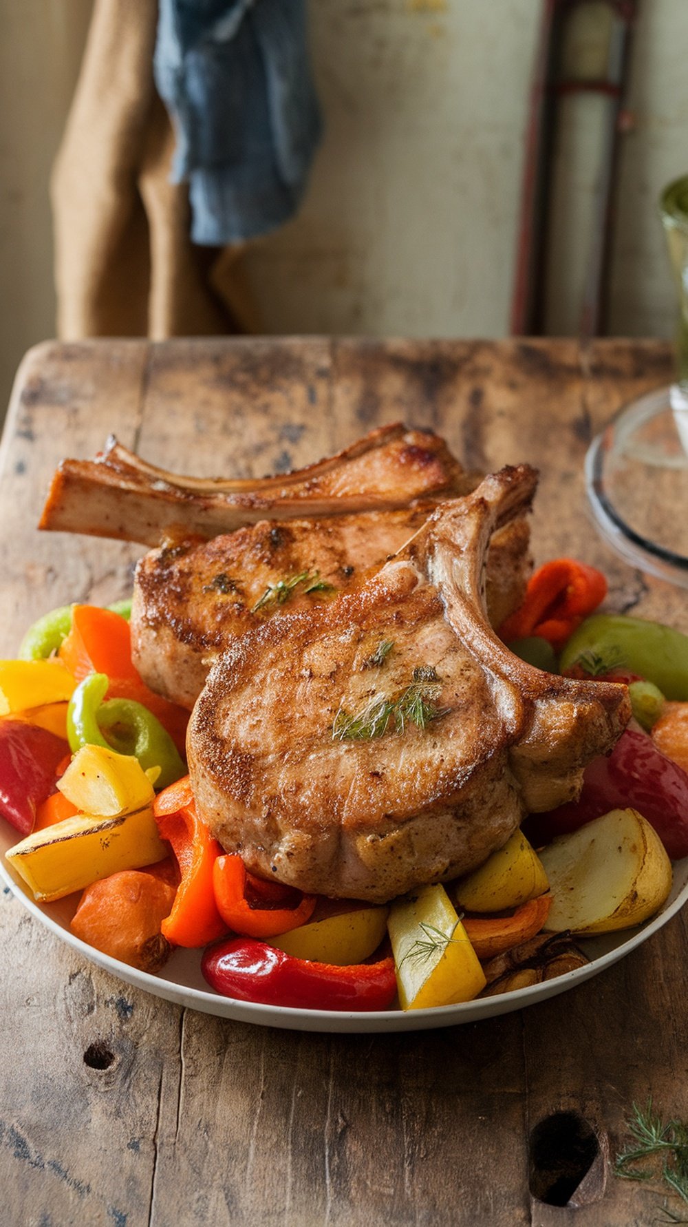 Garlic Herb Pork Chops with Roasted Vegetables on a plate
