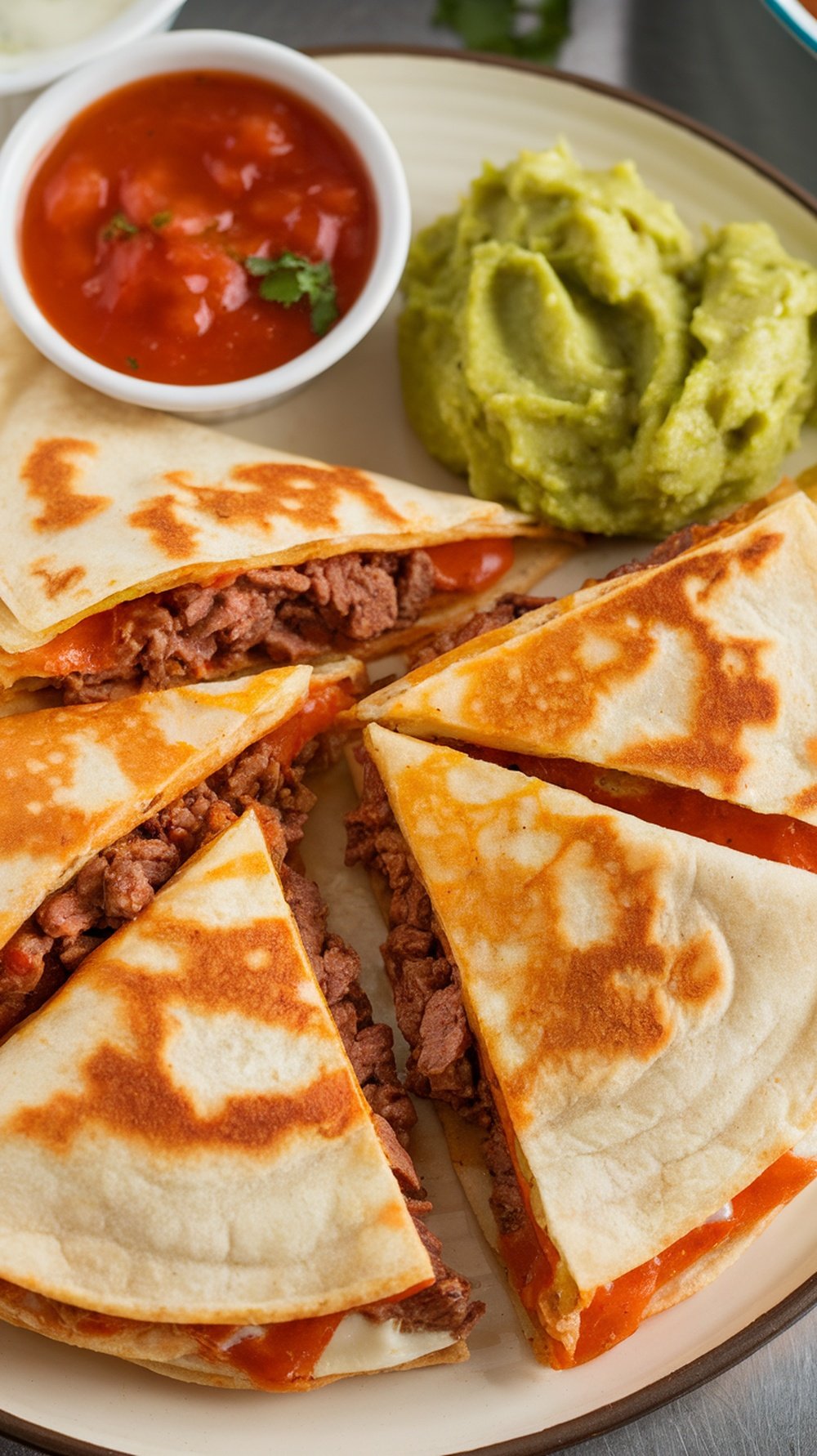 Cheesy beef quesadillas served with salsa and guacamole