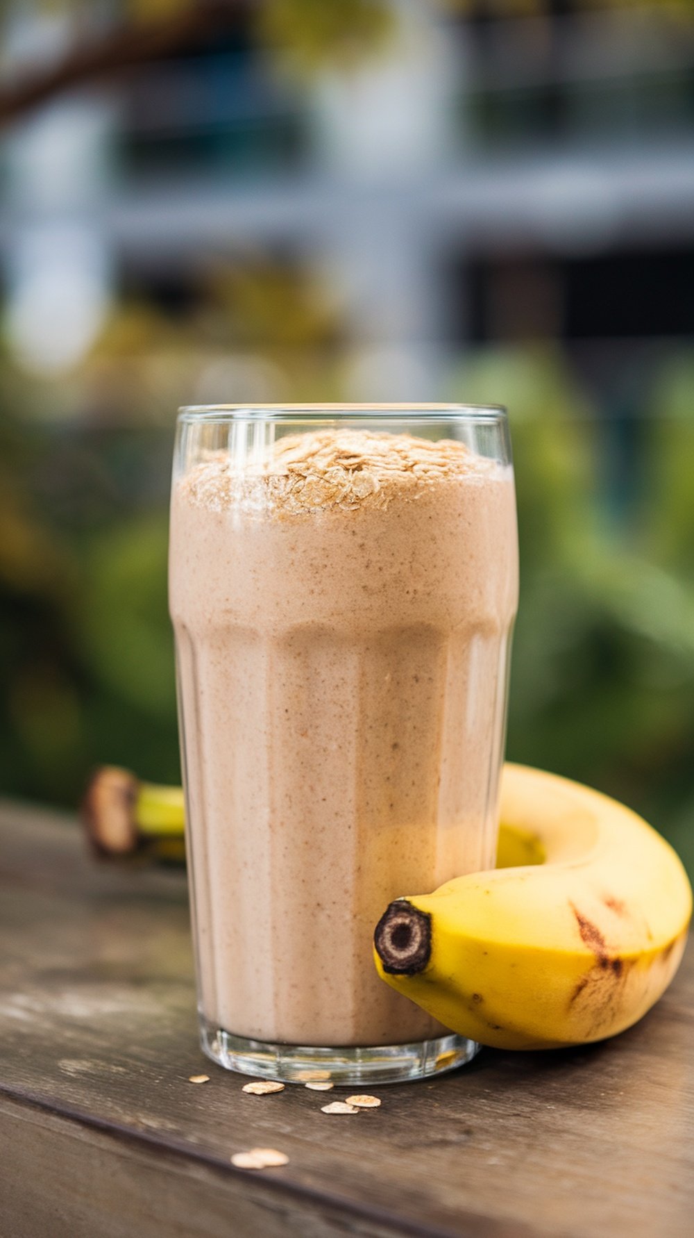 A creamy banana oat smoothie in a glass with a banana beside it.
