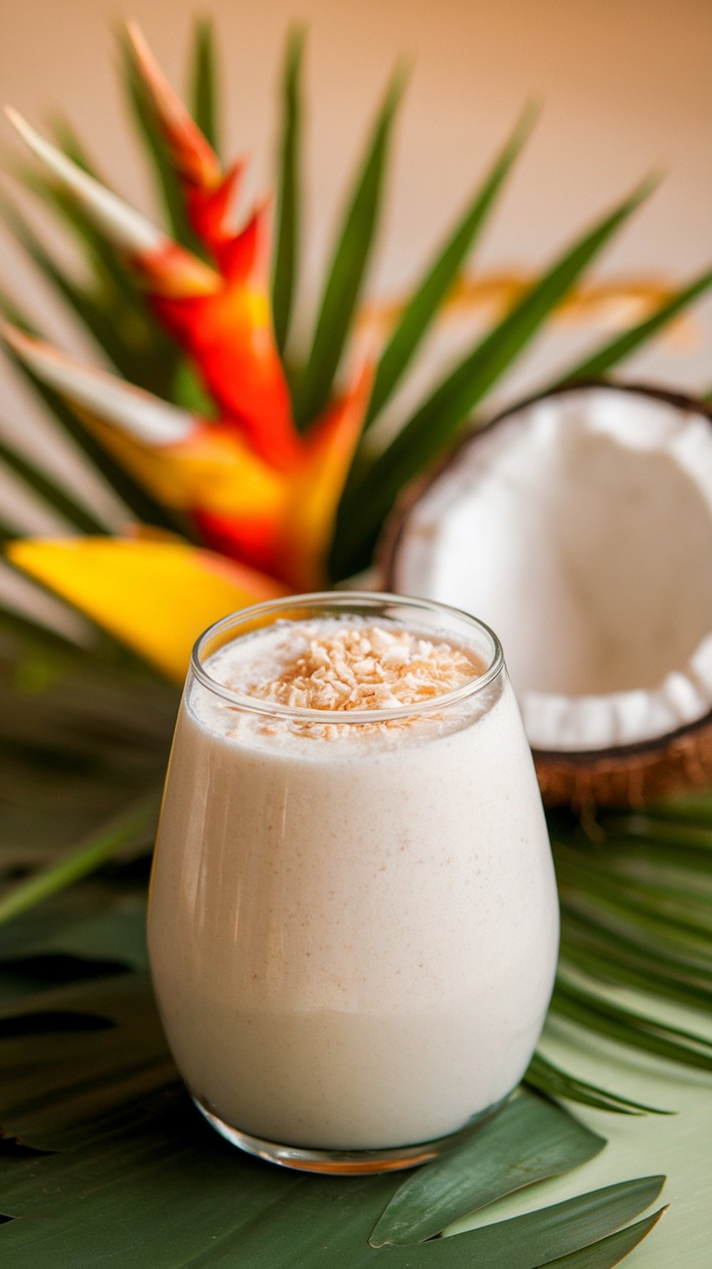 A delicious Coconut Cream Dream smoothie in a glass, garnished with shredded coconut, with a coconut shell and tropical leaves in the background.