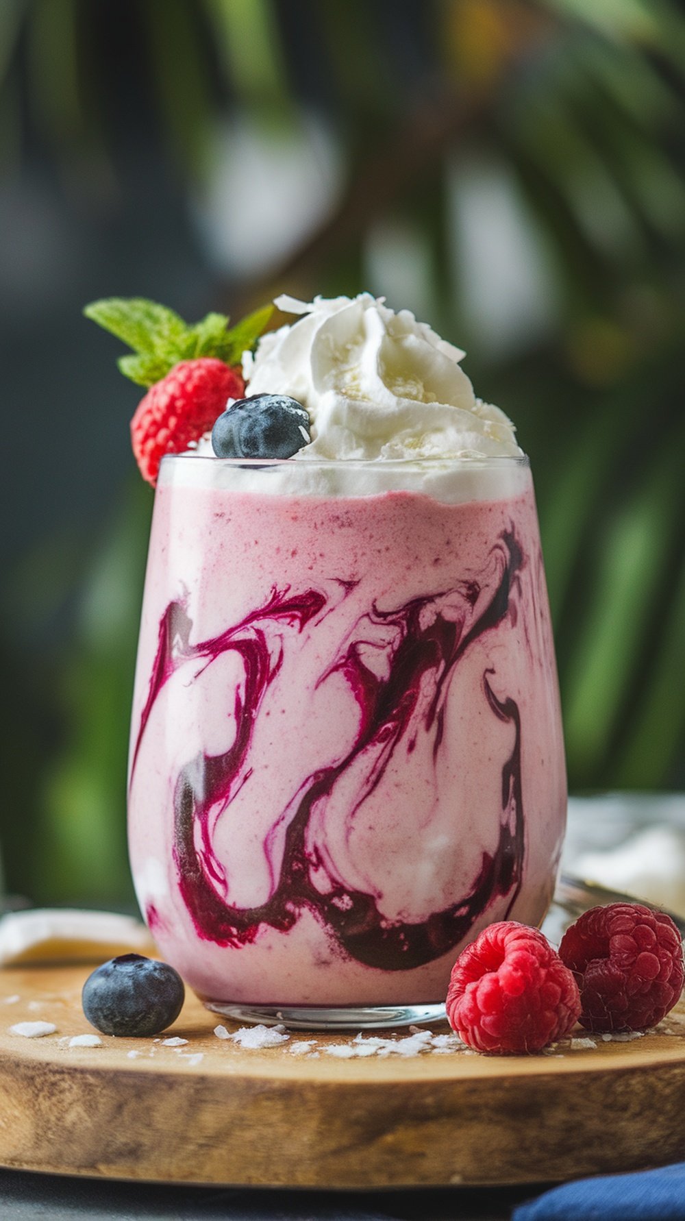 A delicious Coconut Berry Swirl smoothie topped with whipped cream and fresh berries.