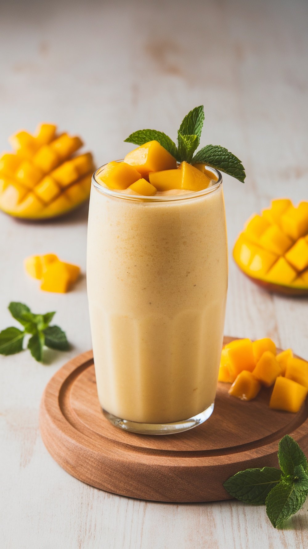 A refreshing mango smoothie topped with fresh mango pieces and mint leaves.
