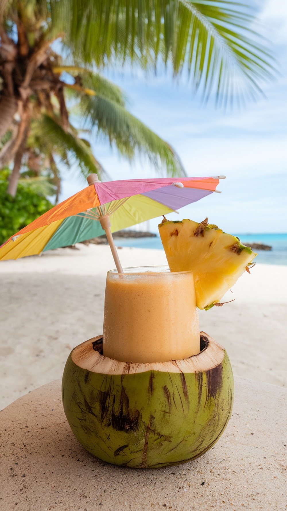 A refreshing tropical smoothie made with pineapple, served in a coconut shell with a colorful umbrella.