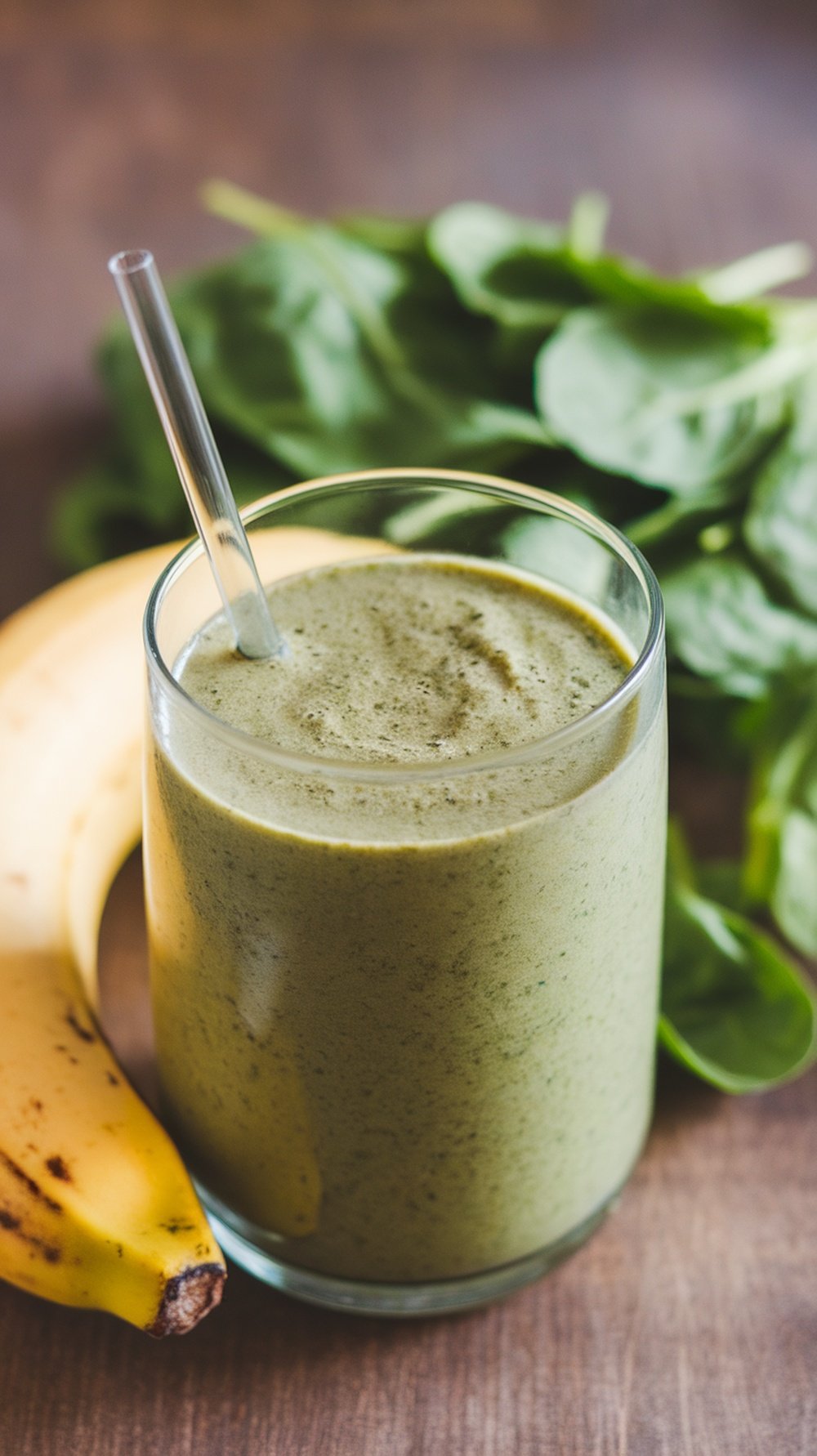 A glass of Banana Spinach Power Smoothie with a banana and fresh spinach leaves in the background.