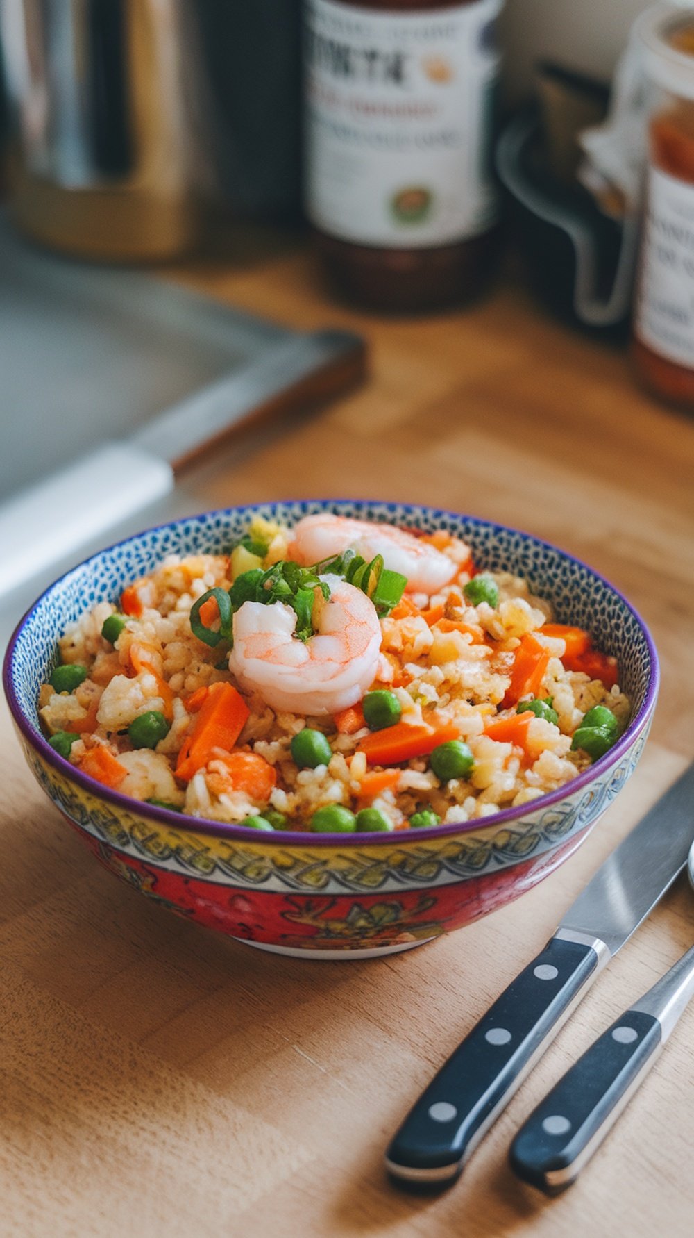 A colorful bowl of cauliflower fried rice with shrimp, peas, and carrots.
