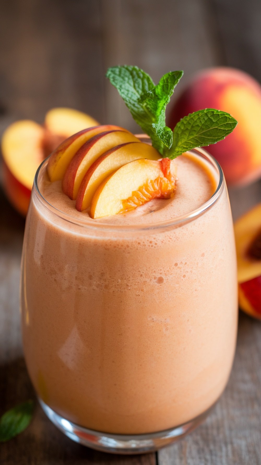 A refreshing Peachy Keen Smoothie topped with peach slices and mint leaves.