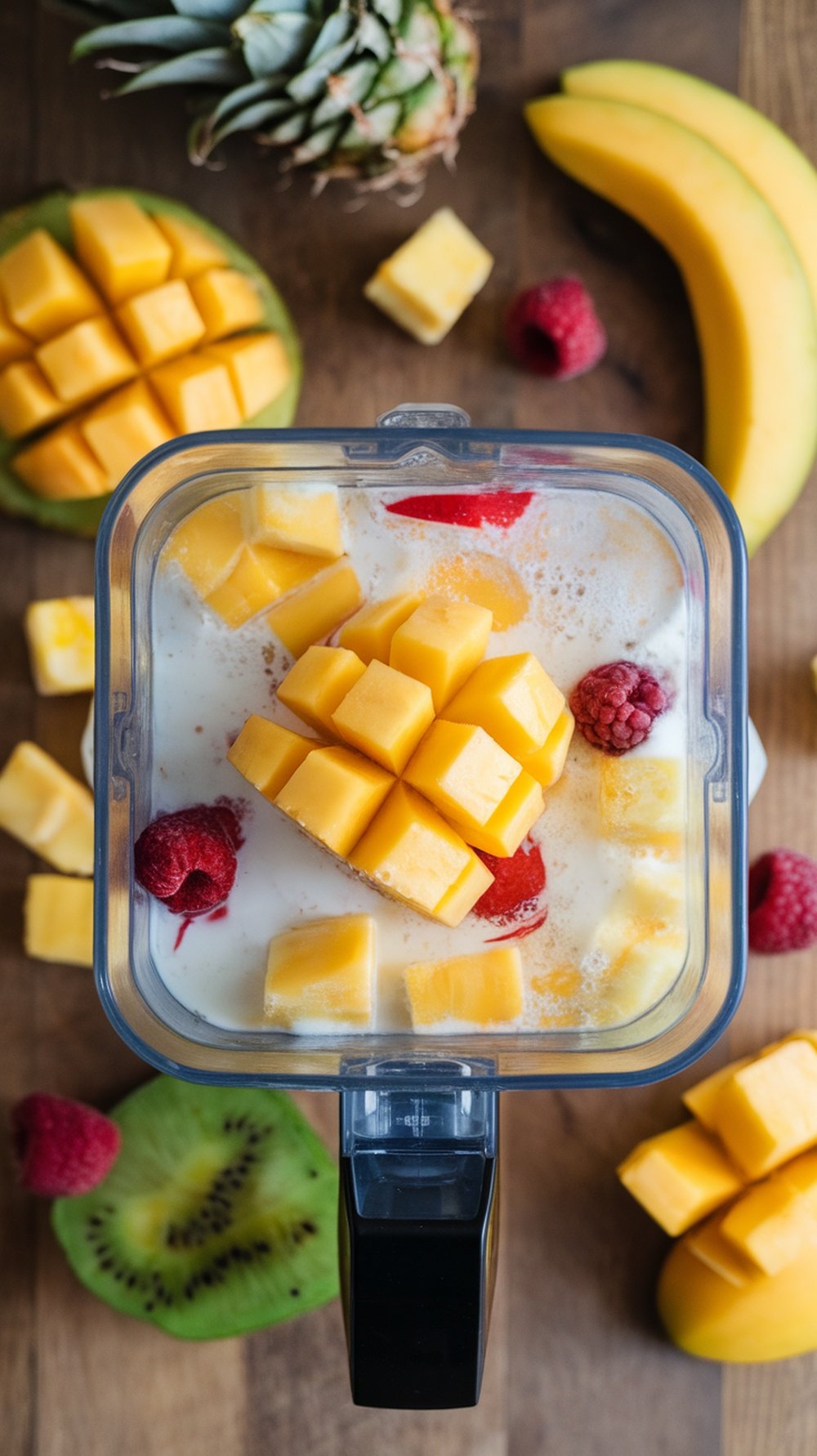 A blender filled with frozen tropical fruits including mango, strawberries, and pineapple, ready to be blended into a smoothie.