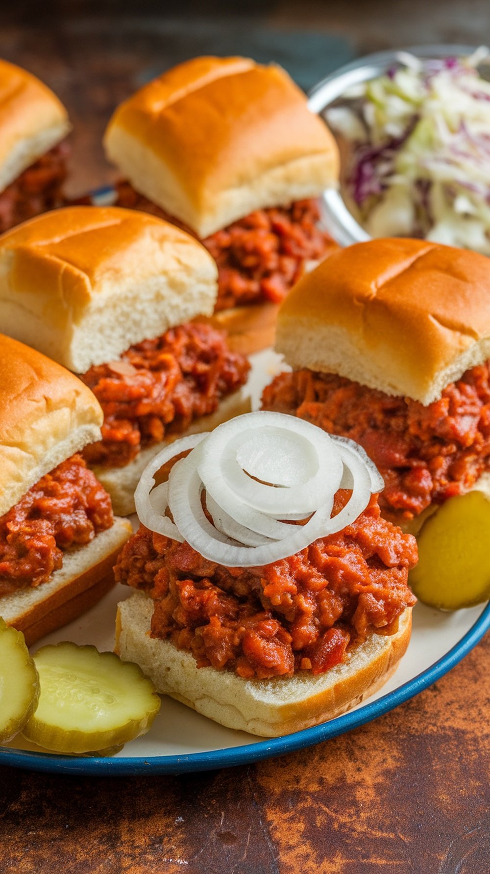 Sloppy Joe sliders with pickles and onions on a plate
