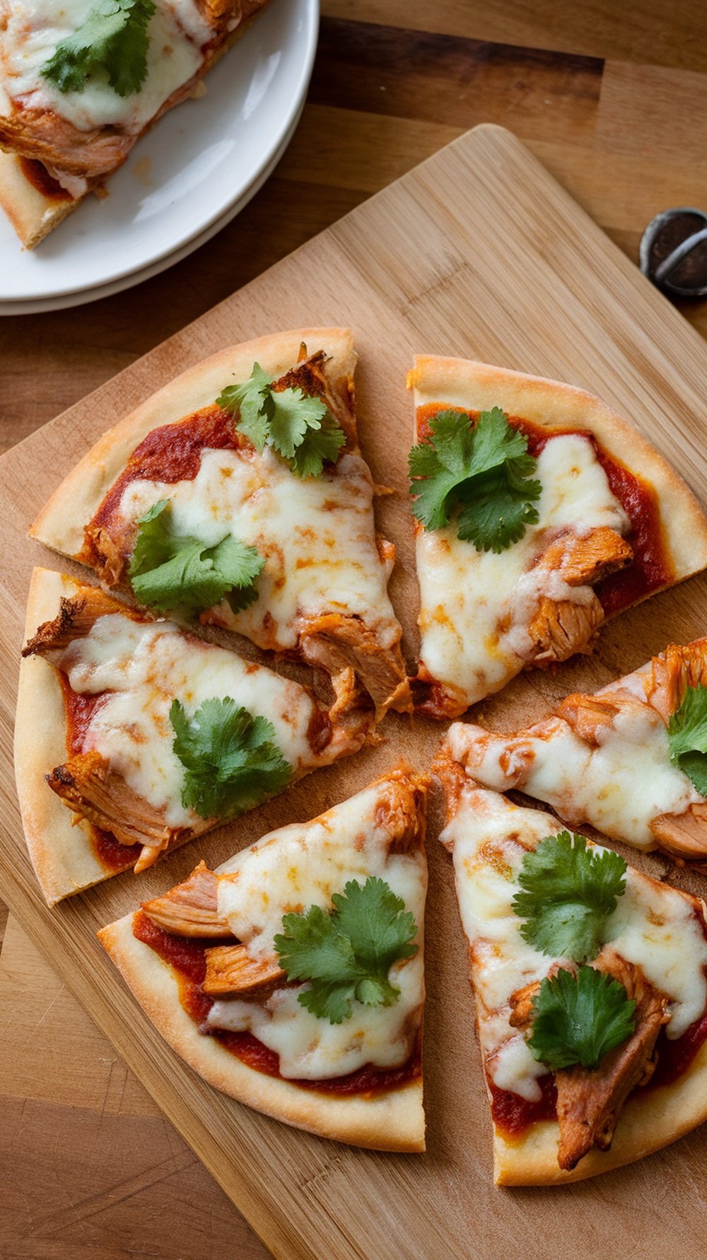 BBQ Chicken Pizza topped with cilantro and served on a wooden board.