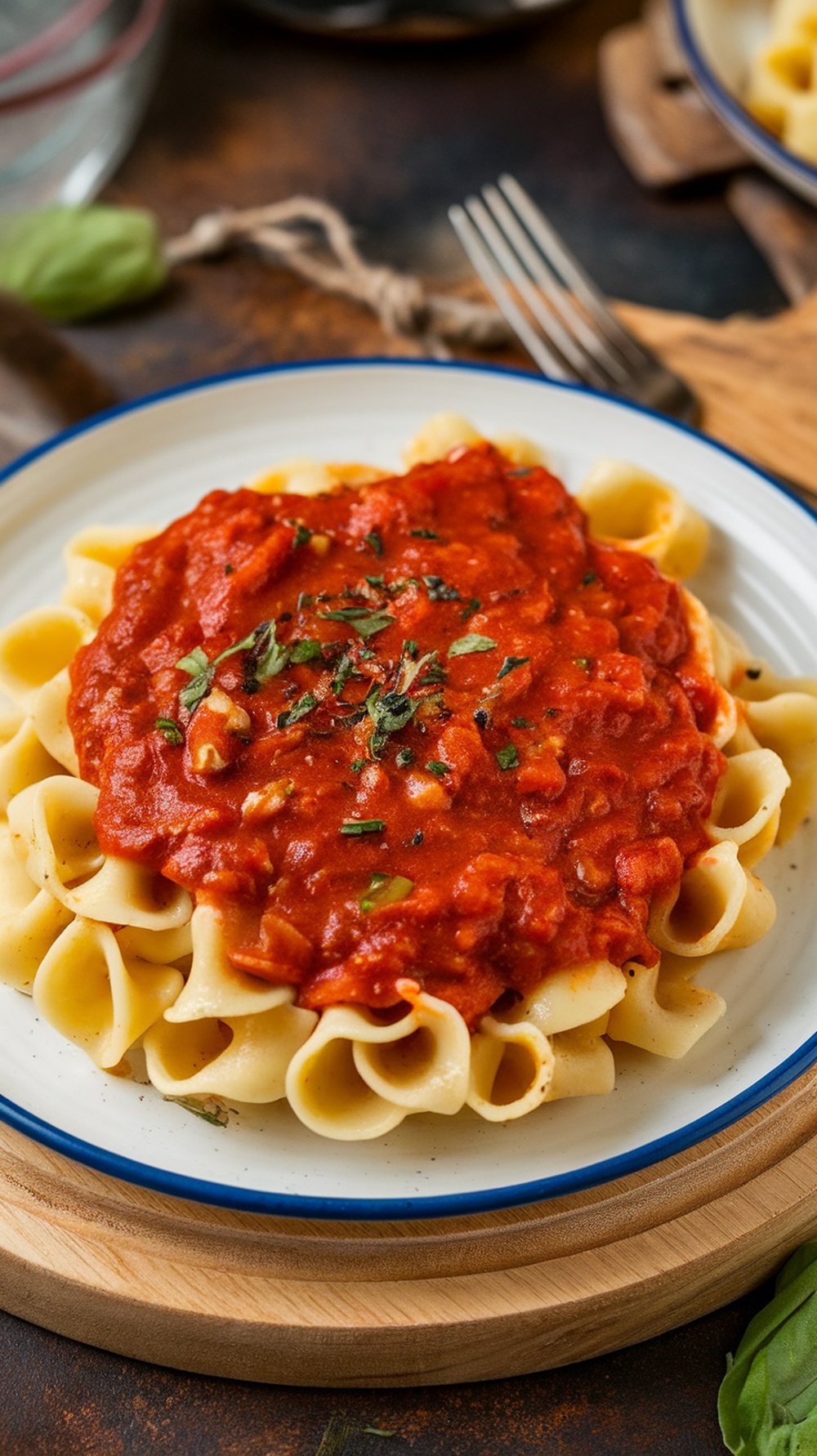 A plate of pasta with marinara sauce topped with herbs.