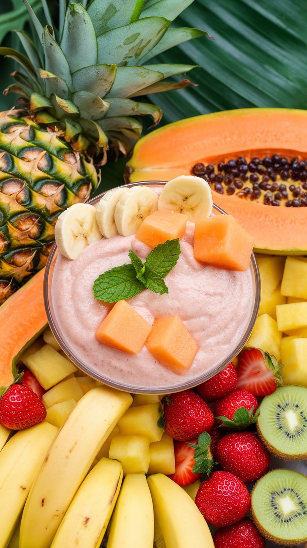 A bowl of Banana Papaya Delight smoothie surrounded by tropical fruits like pineapple, papaya, bananas, strawberries, and kiwi.