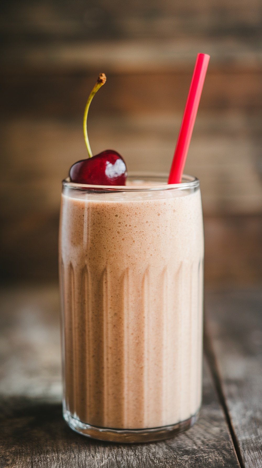A creamy cherry vanilla smoothie in a tall glass, topped with a cherry and a red straw.