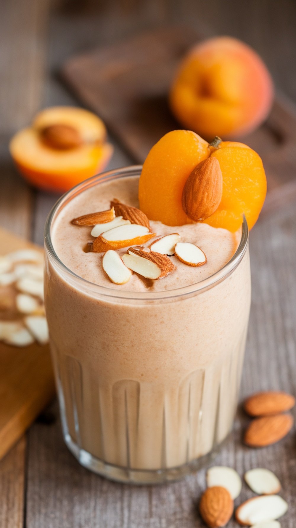 A creamy apricot almond smoothie topped with sliced apricots and almonds, served in a glass.