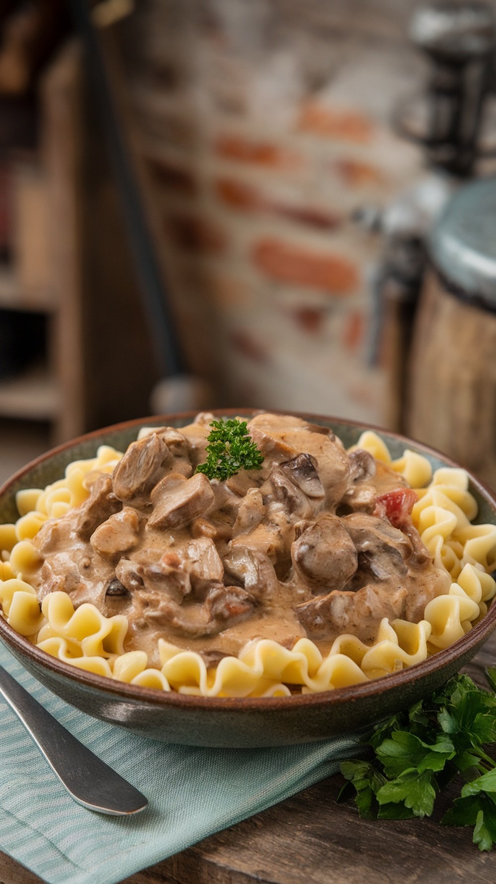 A bowl of Beef Stroganoff over egg noodles, garnished with parsley.