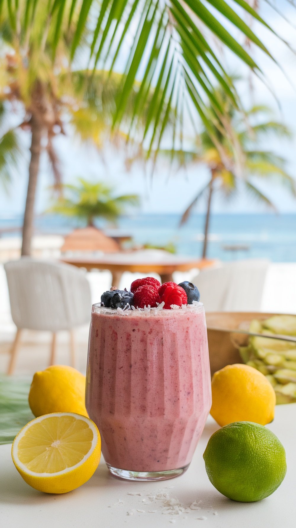 A refreshing Coconut Berry Burst smoothie with berries on top, surrounded by tropical fruits and palm trees.