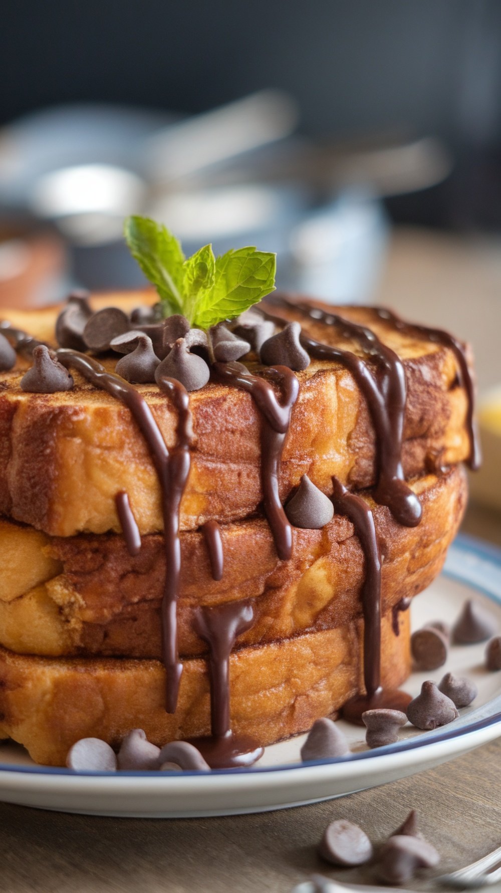 A stack of Chocolate Chip French Toast topped with chocolate chips and drizzled with chocolate sauce, garnished with a mint leaf.