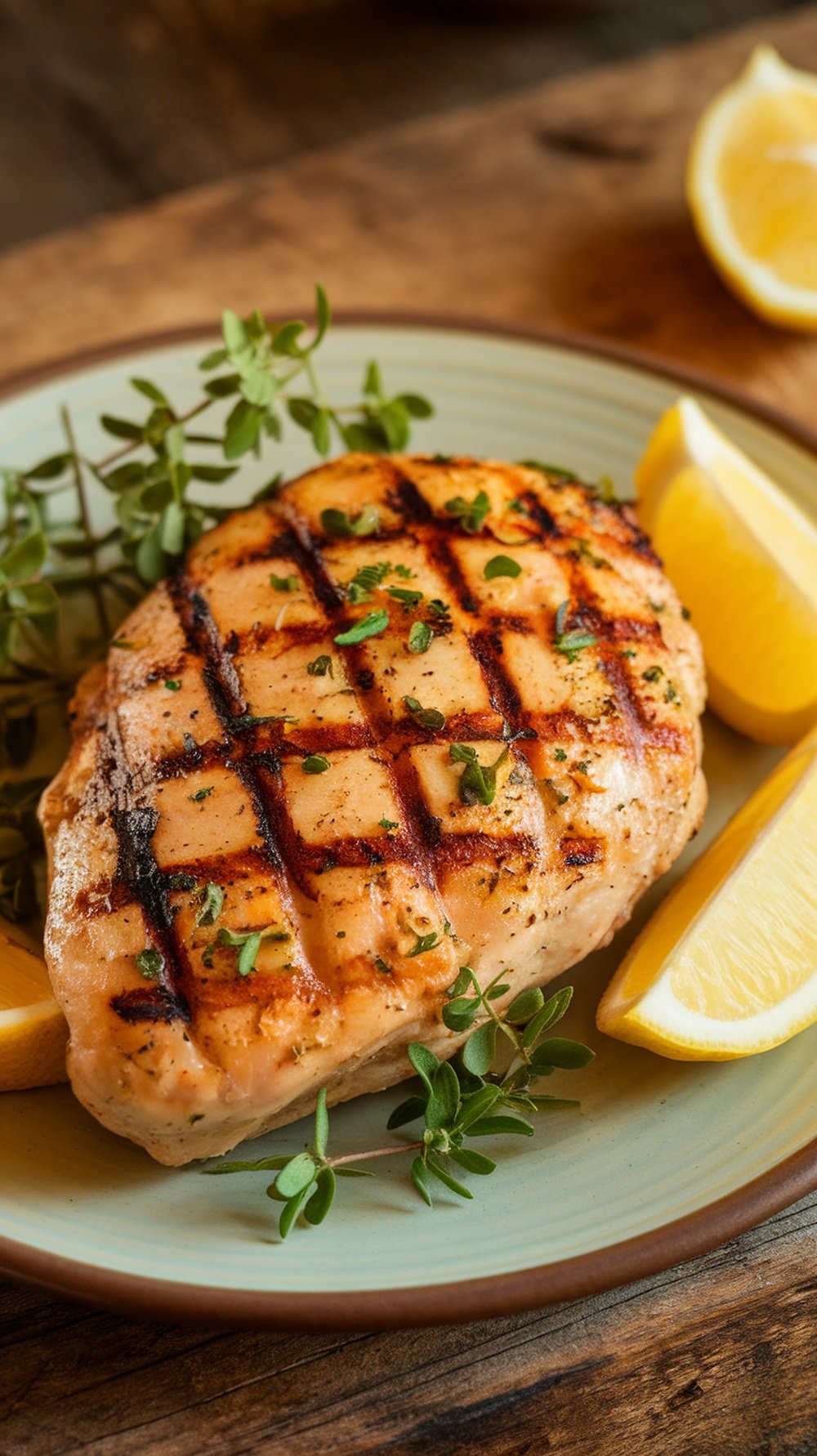 Grilled chicken breast garnished with herbs and lemon wedges on a plate.