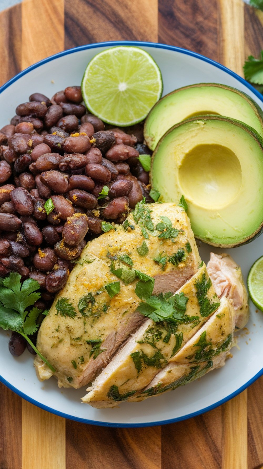 A plate of cilantro lime chicken with black beans, avocado slices, and lime wedges.