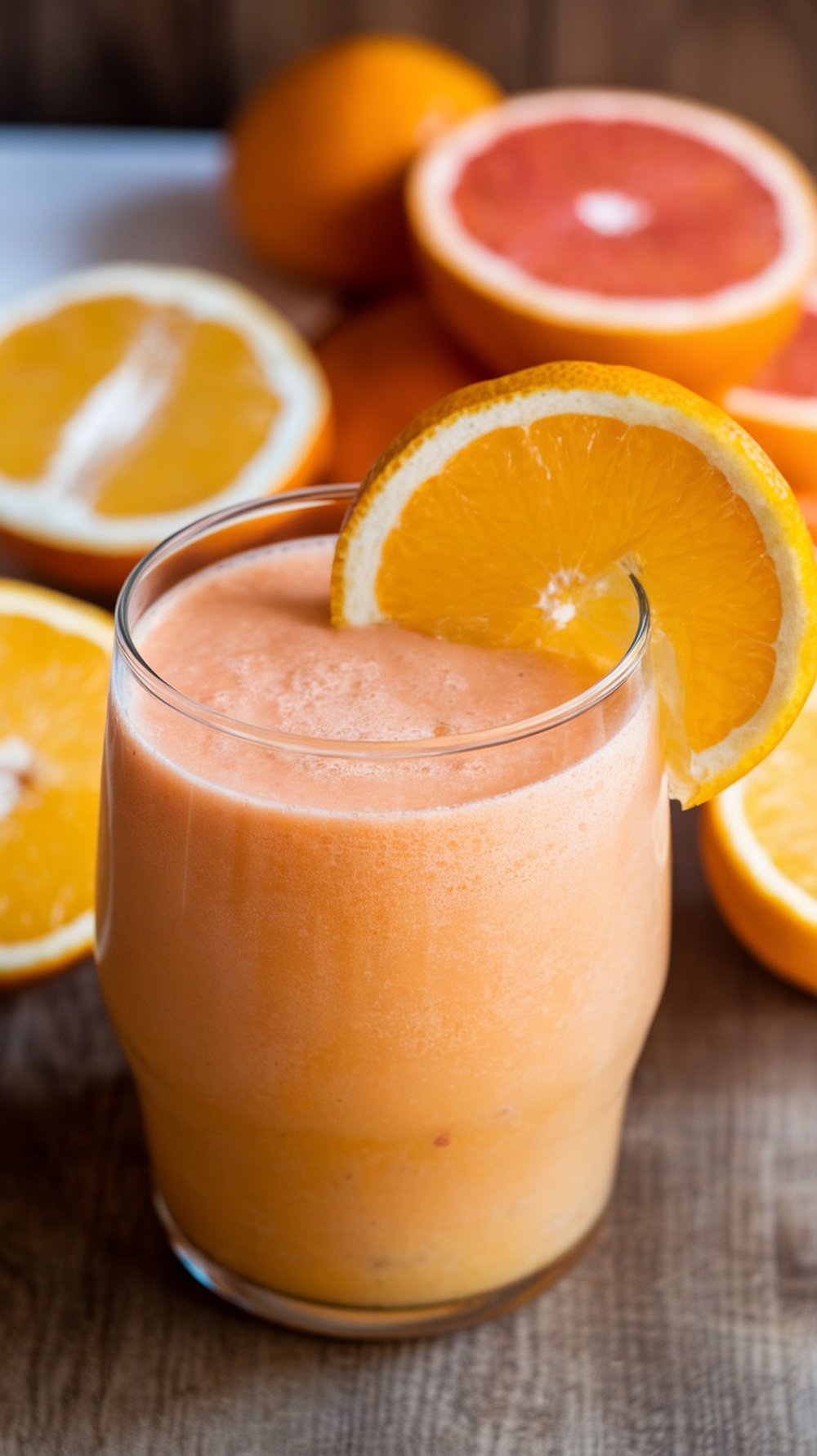 A refreshing Zesty Citrus Smoothie in a glass, garnished with an orange slice, surrounded by fresh oranges and grapefruits.