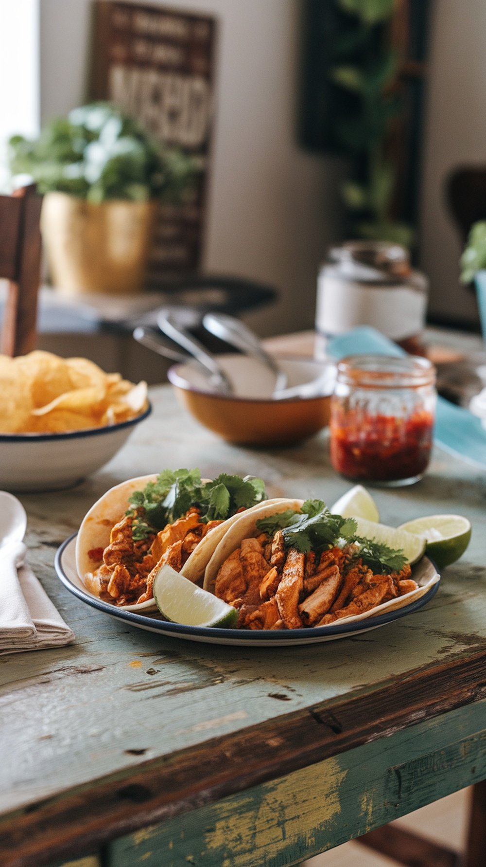 A plate of spicy chipotle chicken tacos garnished with cilantro and lime, served with tortilla chips.
