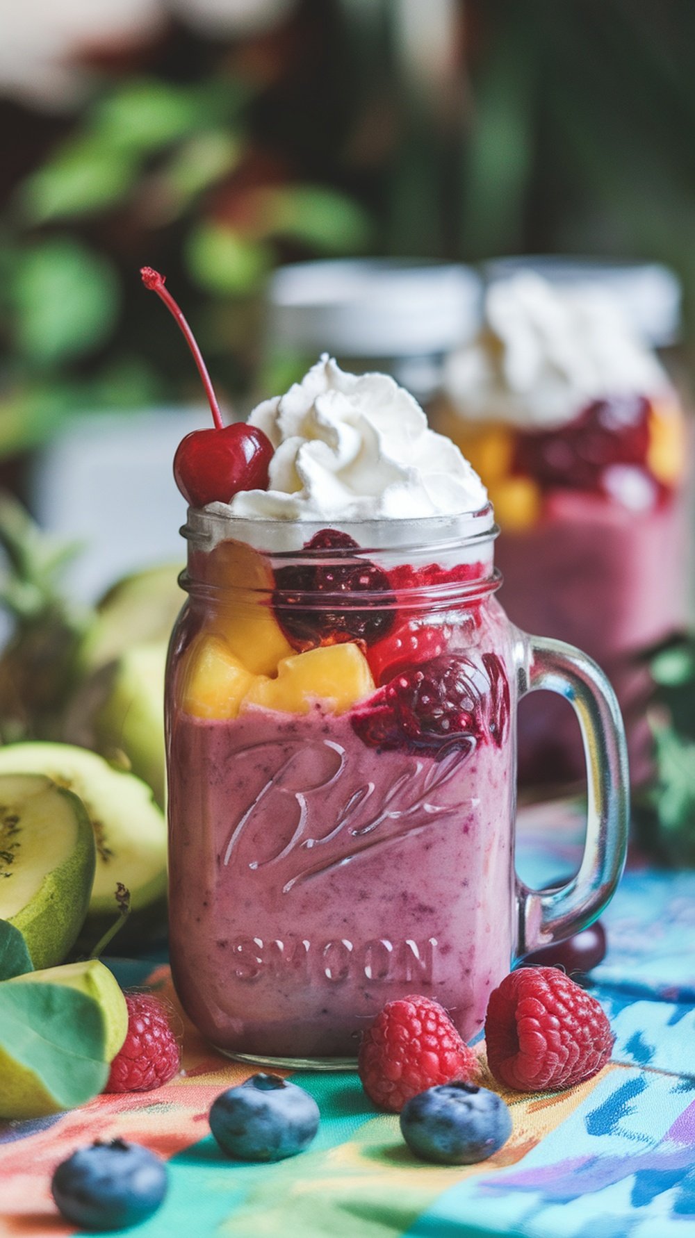 A colorful Tropical Berry Fusion smoothie in a mason jar topped with whipped cream and a cherry, surrounded by fresh fruits.