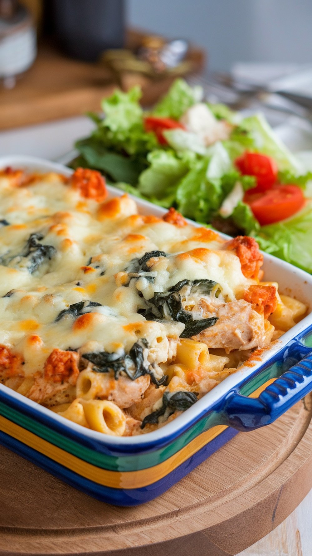A delicious Cheesy Spinach and Chicken Pasta Bake served with a fresh salad on the side.
