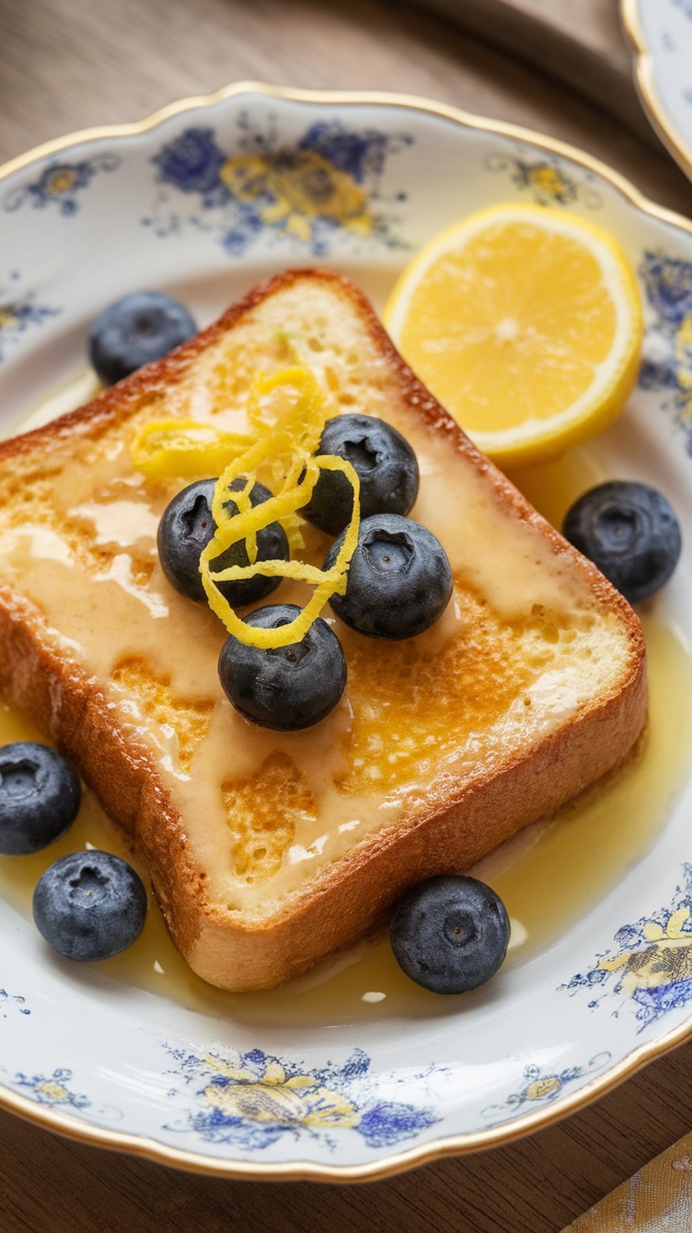 A slice of Lemon Ricotta French Toast topped with blueberries and lemon zest on a floral plate.