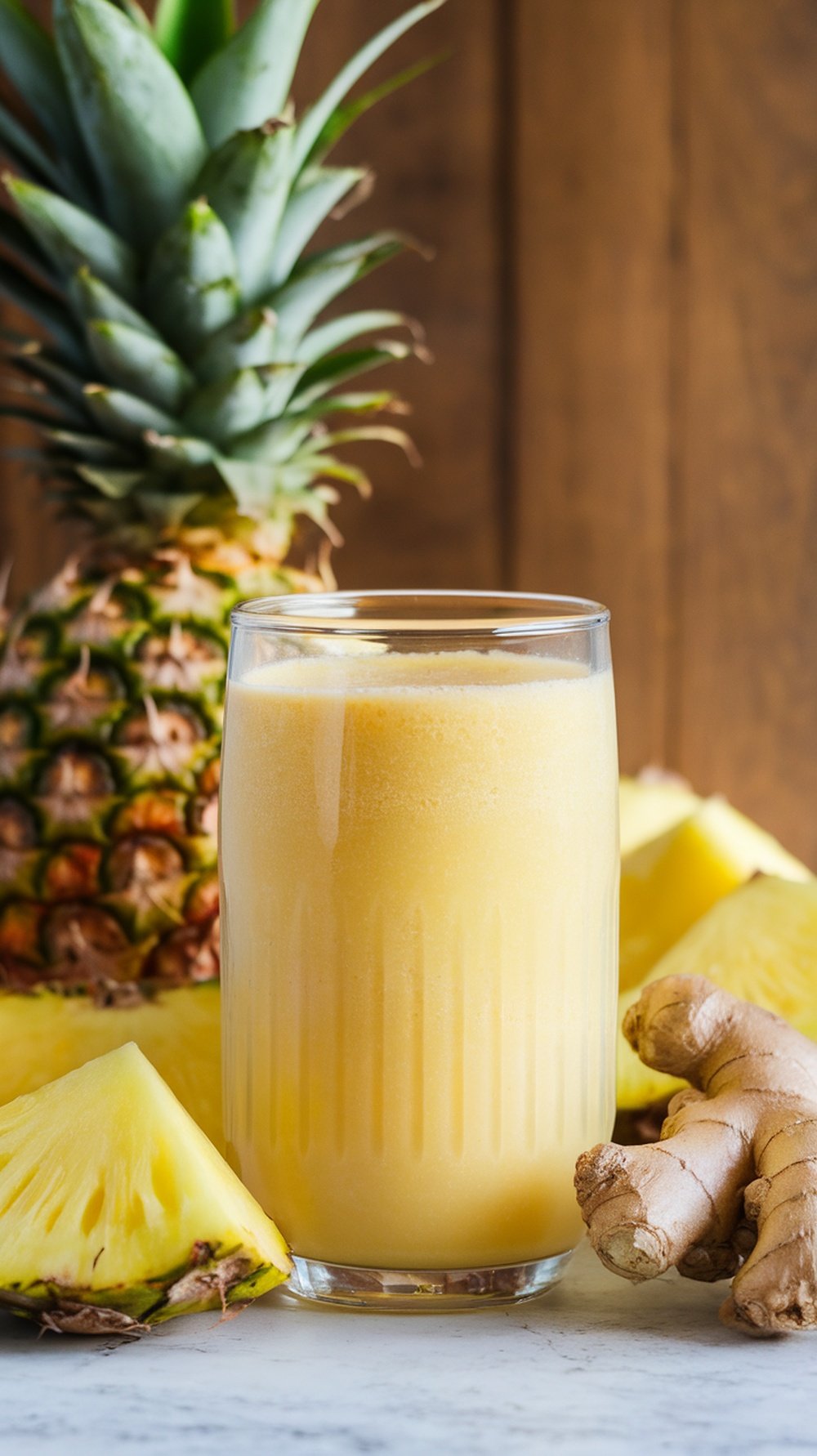 A refreshing pineapple ginger smoothie in a glass with fresh pineapple and ginger root in the background.