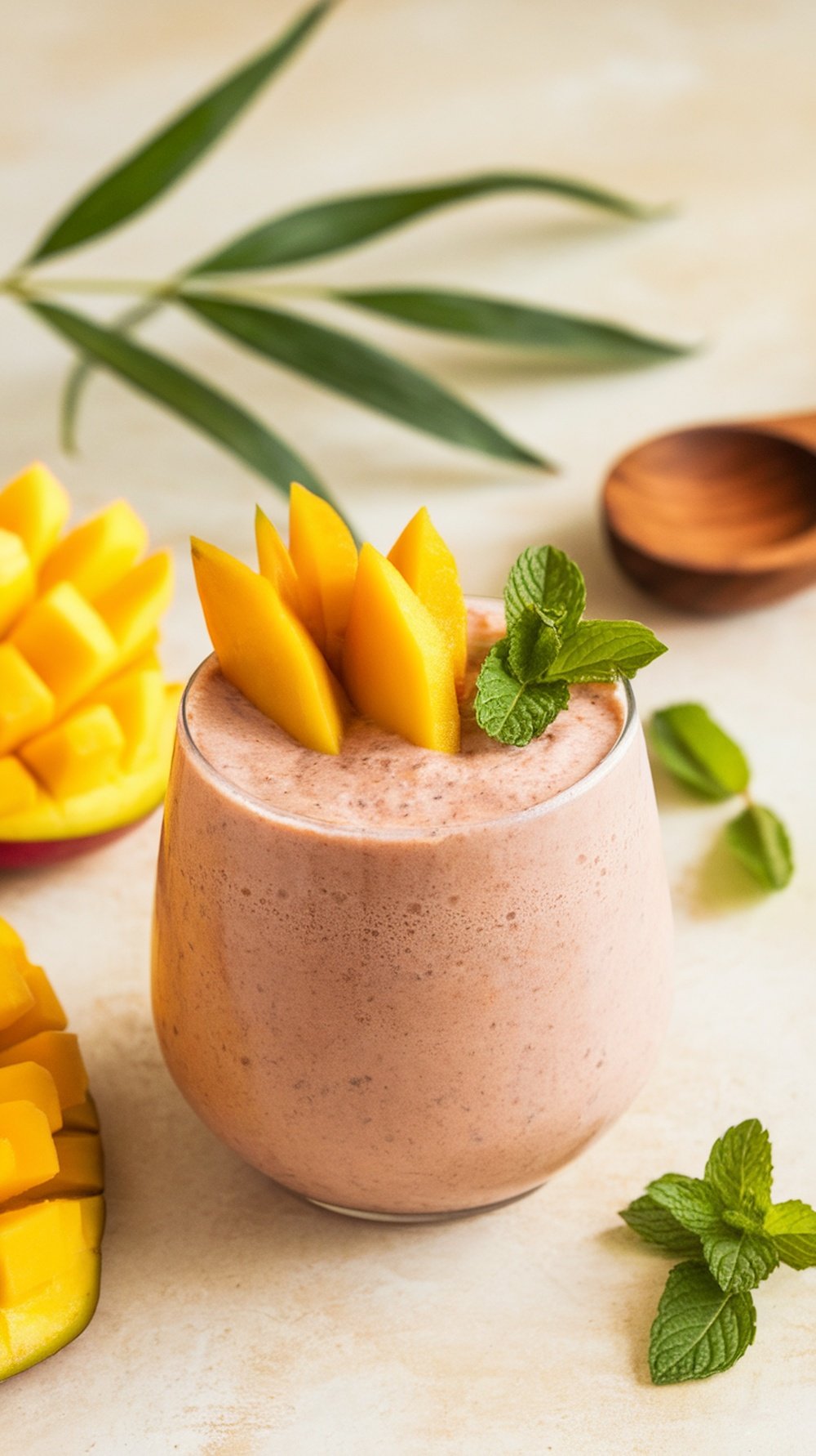 A vibrant mango açaí smoothie topped with fresh mango slices and mint, with diced mango in the background.