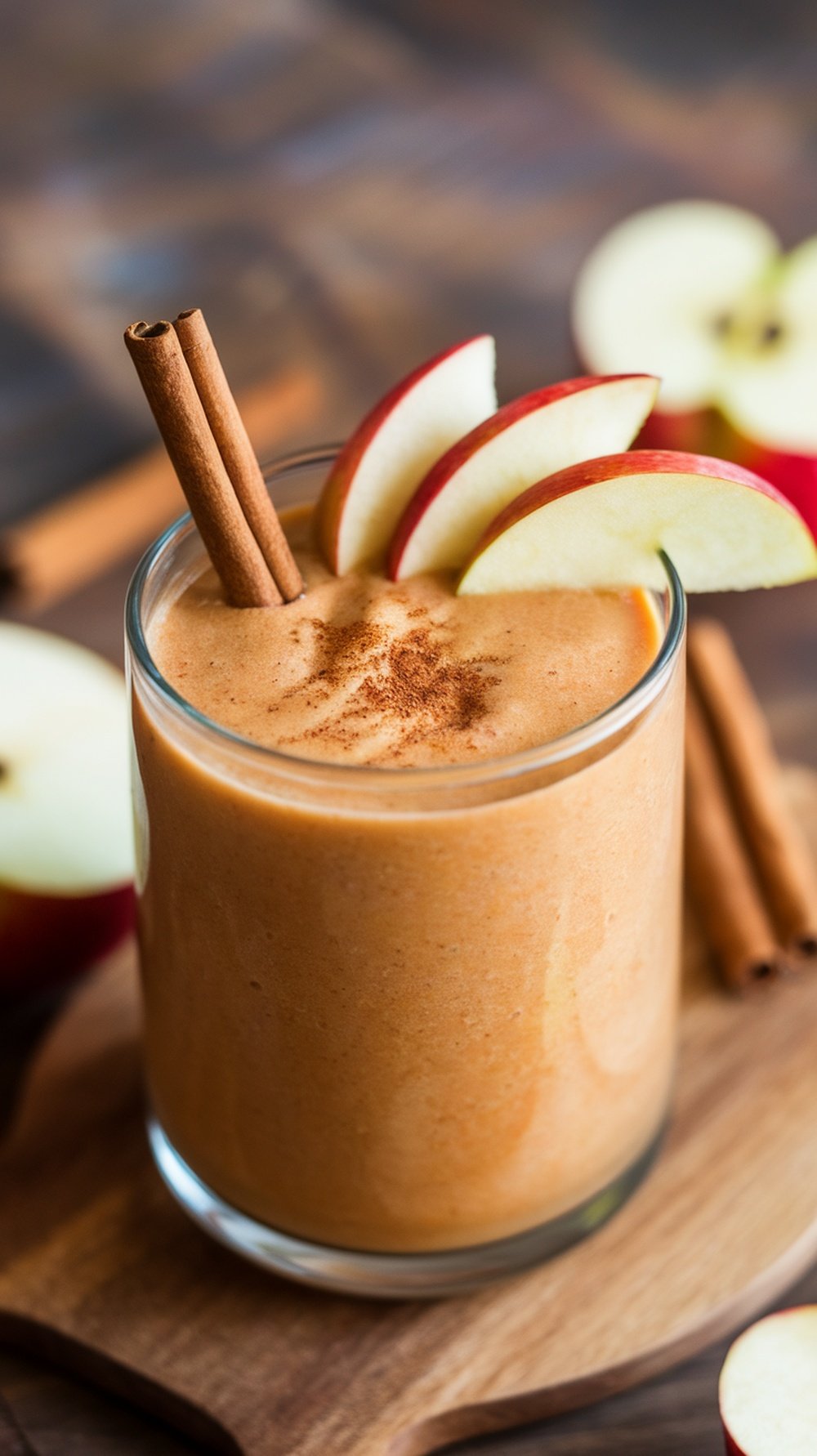 A creamy spiced apple smoothie topped with apple slices and cinnamon sticks.