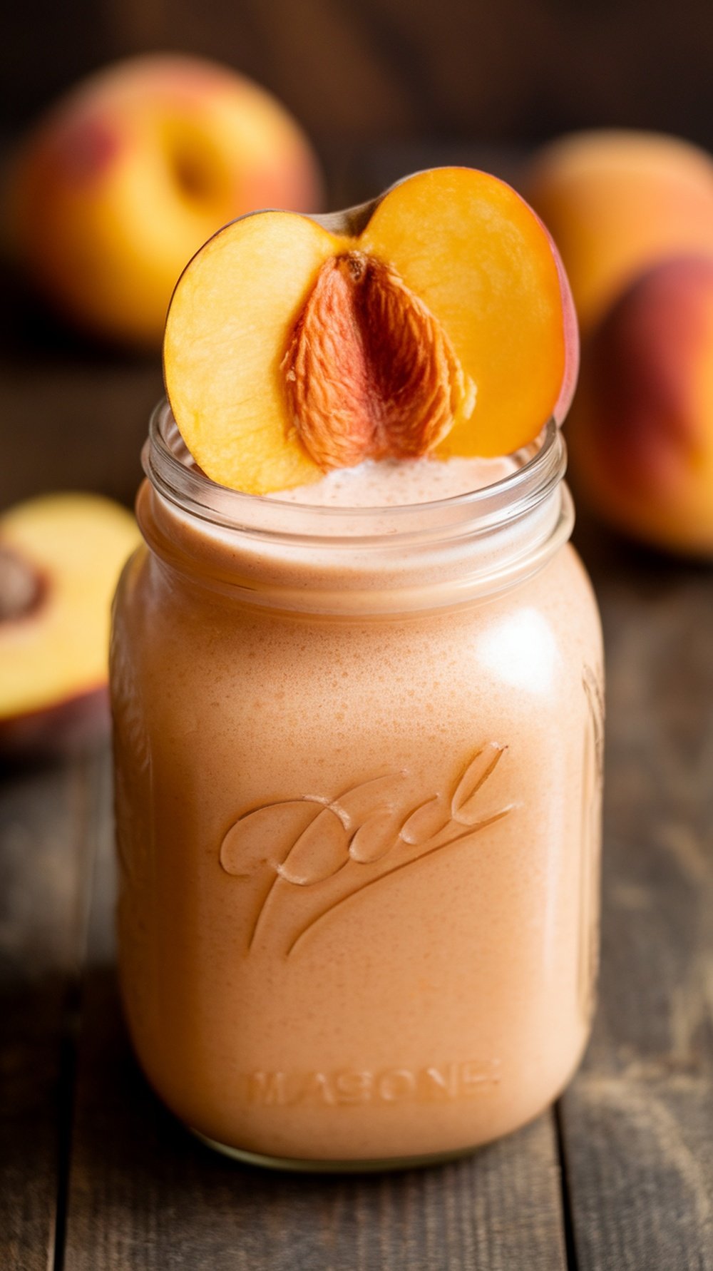 A mason jar filled with a peach smoothie, topped with a slice of peach, with whole peaches in the background.
