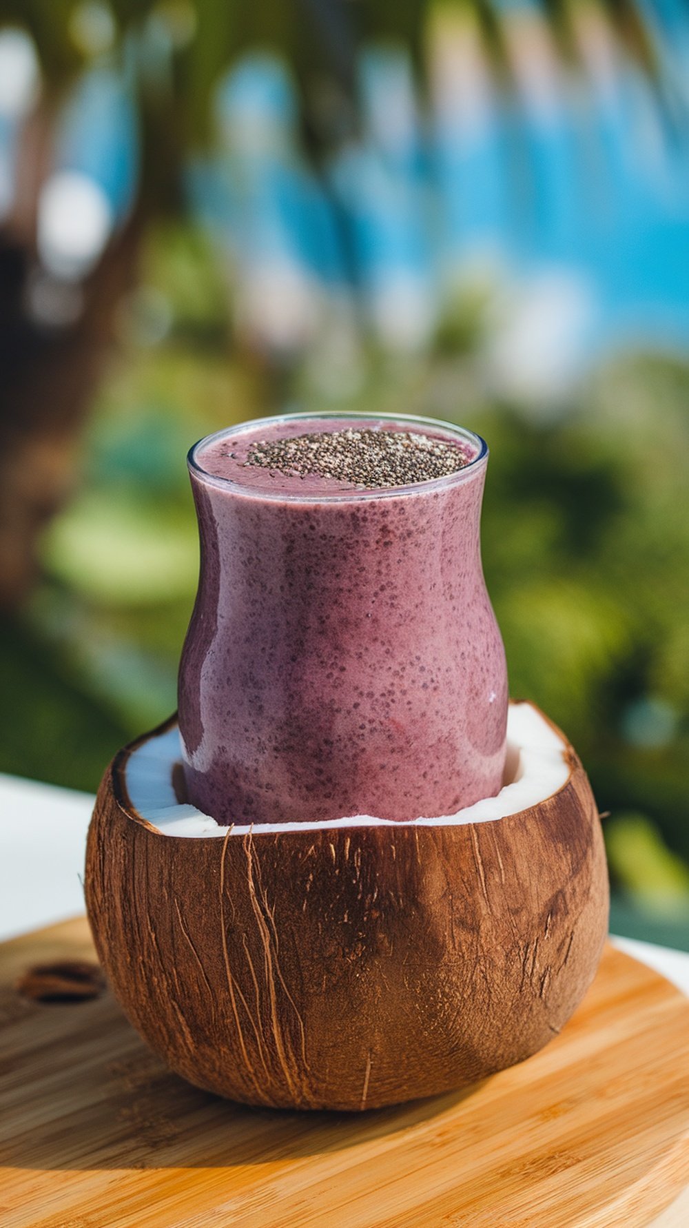 Coconut Açaí Smoothie with Chia Seeds served in a coconut shell