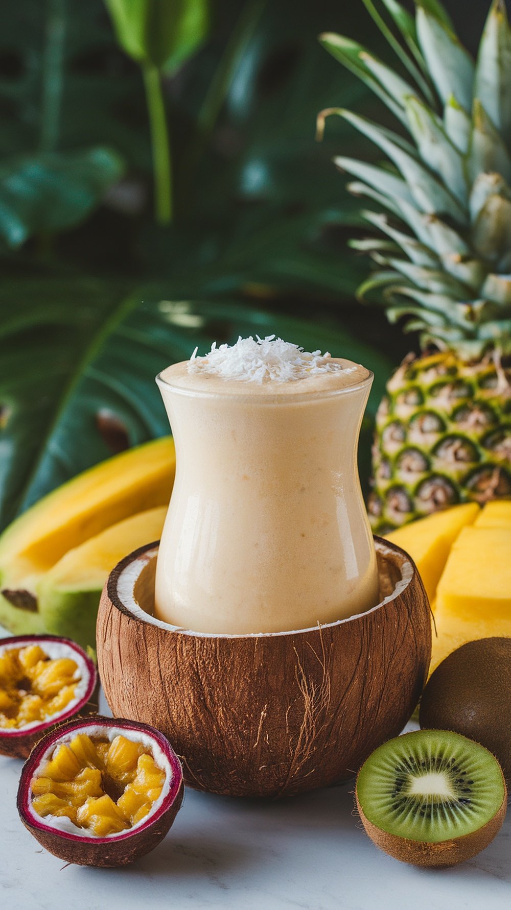 A tropical mango coconut smoothie in a coconut shell, surrounded by fresh mango slices, kiwi, and passion fruit.