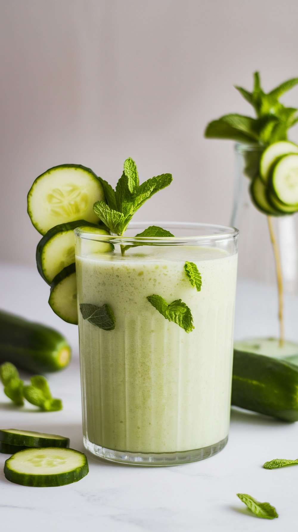 A refreshing cucumber mint smoothie garnished with cucumber slices and mint leaves.
