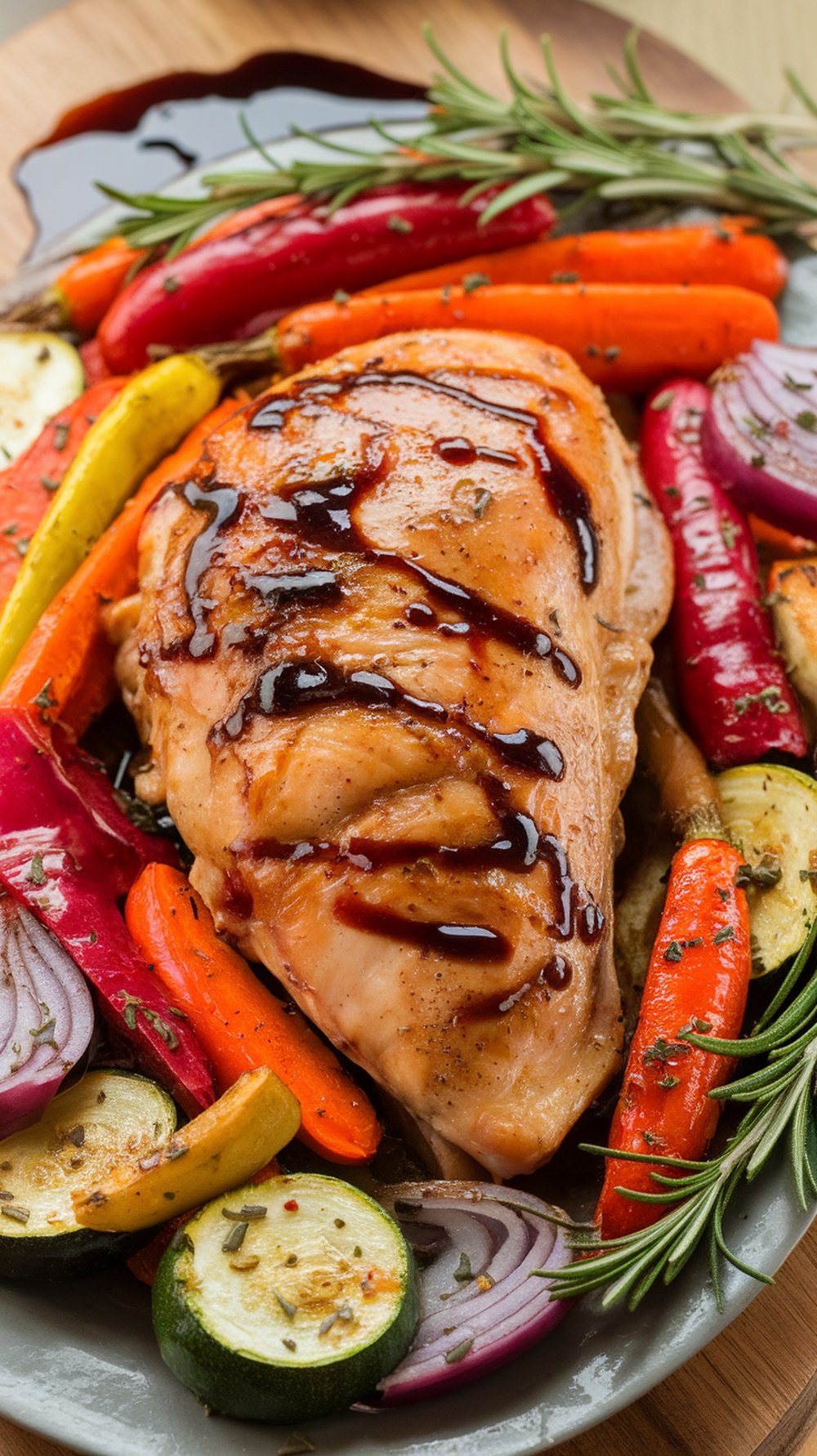Balsamic glazed chicken breast served with roasted vegetables on a plate.