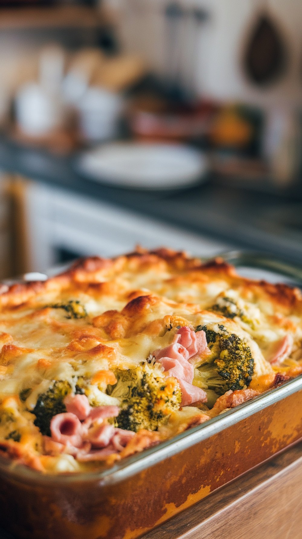 A cheesy broccoli and ham casserole in a baking dish, ready to be served.