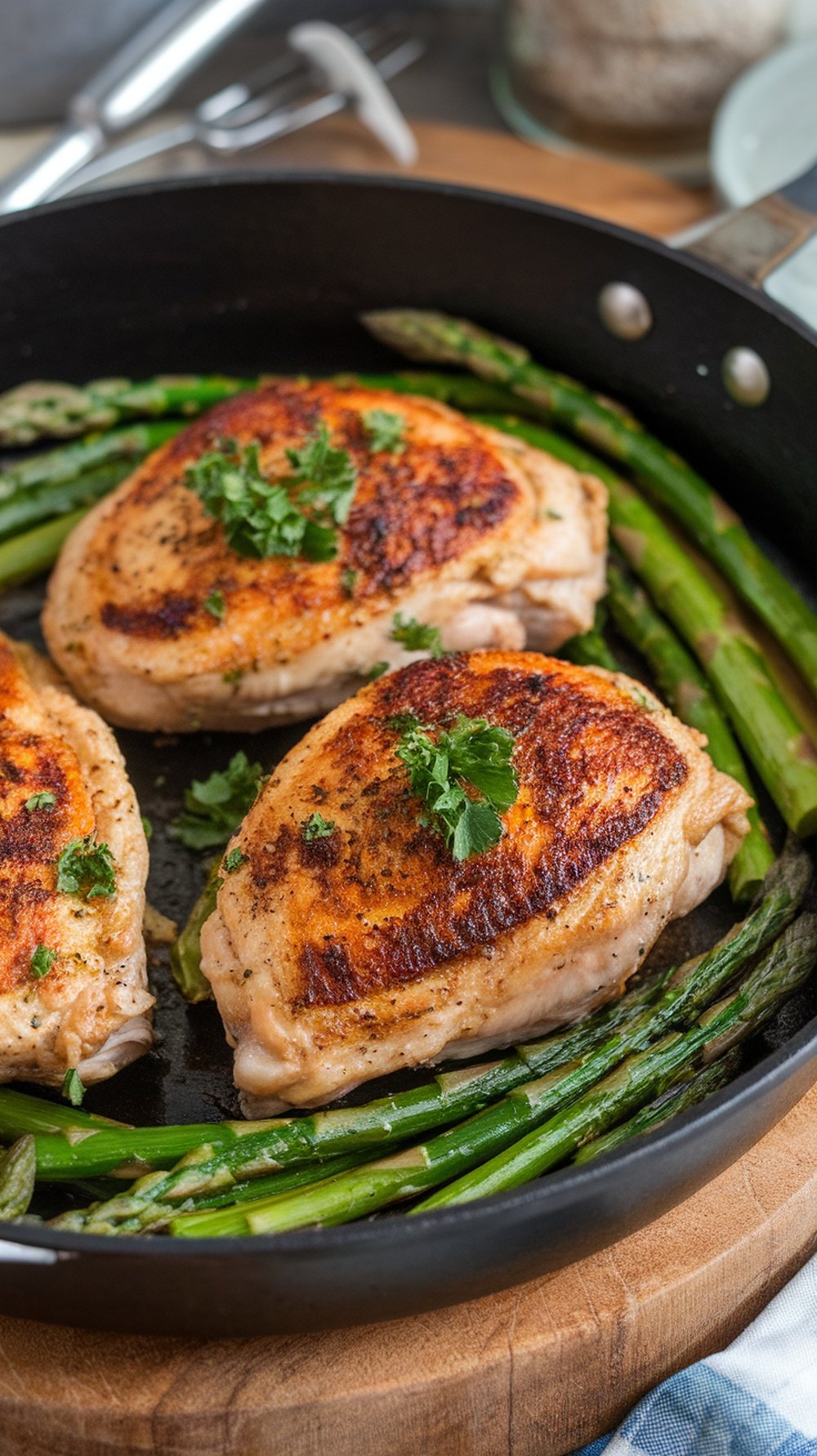 Garlic Butter Chicken with Asparagus in a skillet