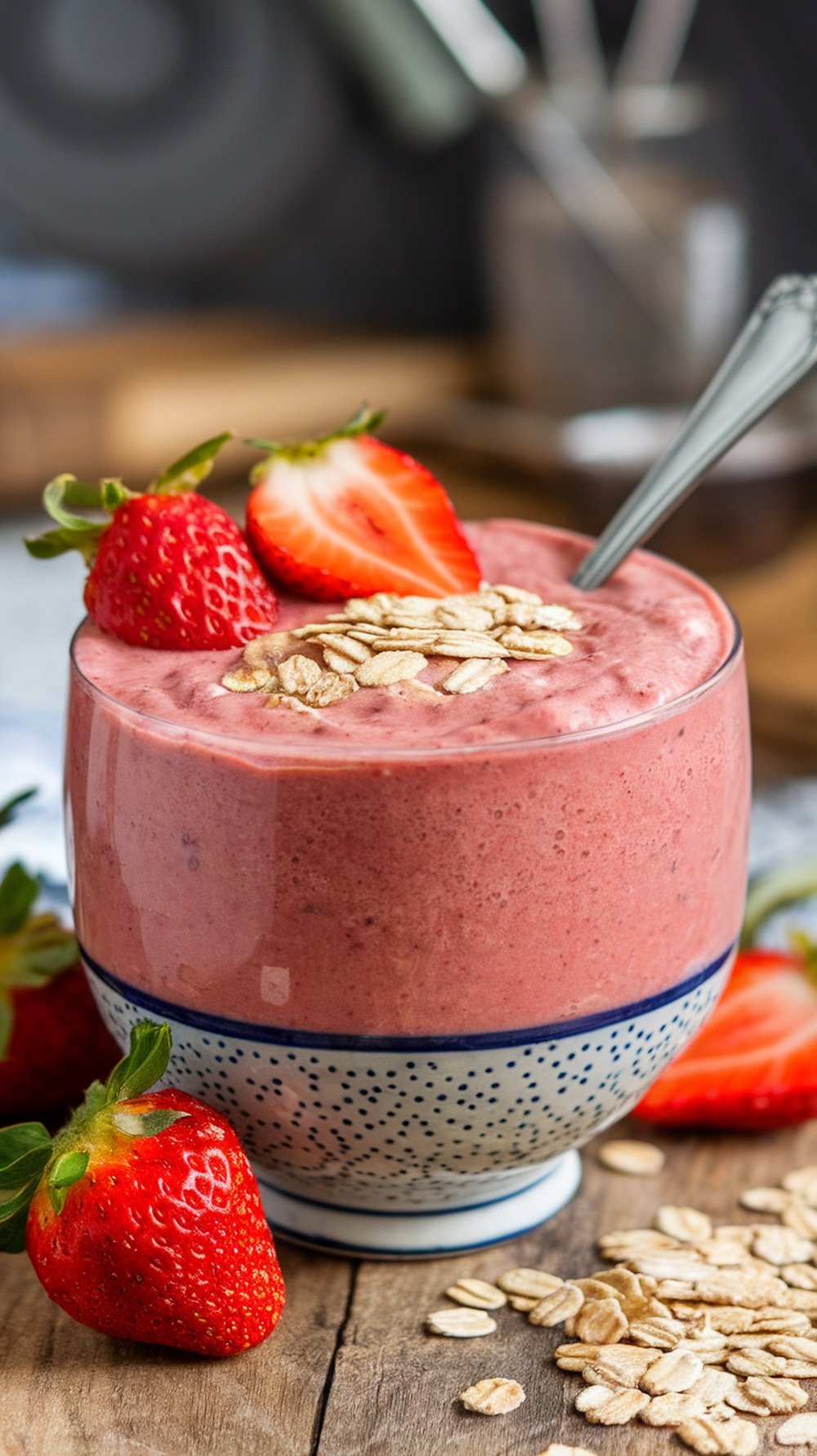 A vibrant strawberry oatmeal smoothie topped with oats and fresh strawberries, served in a decorative glass.