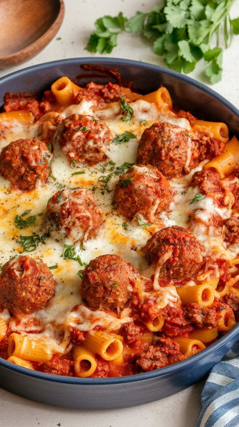 A delicious baked ziti with meatballs topped with melted cheese and herbs.