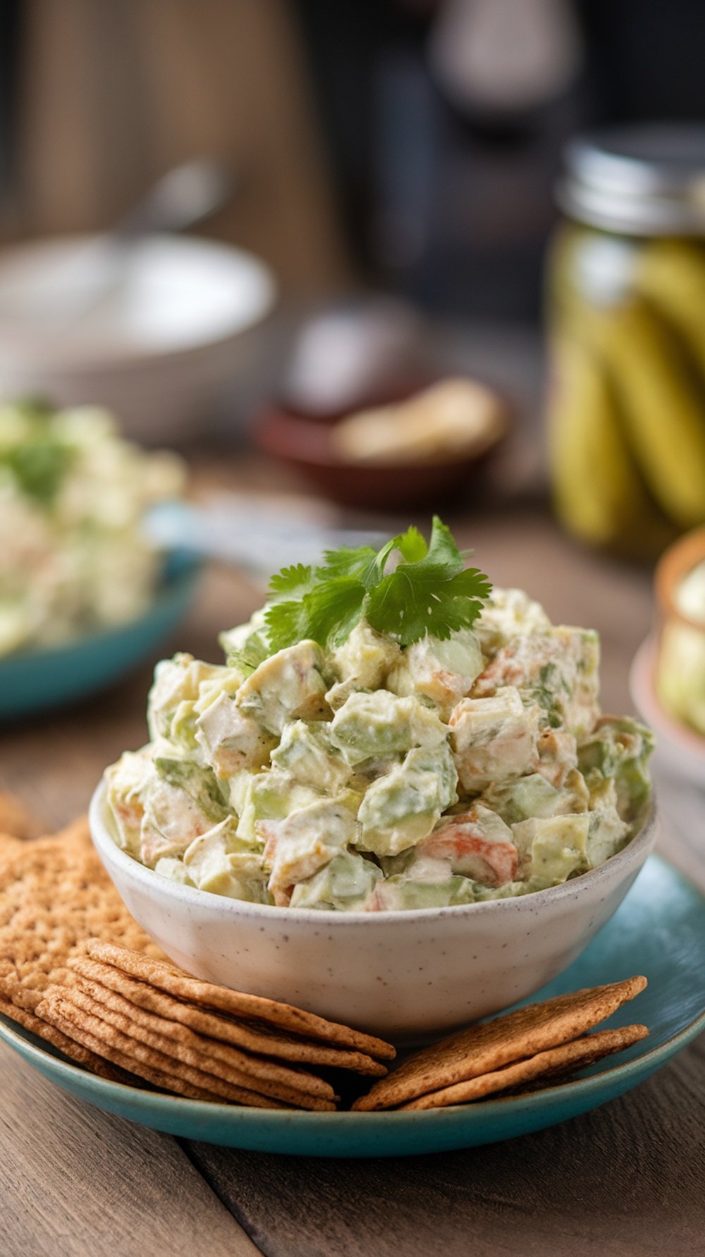 A bowl of creamy avocado and chicken salad with crackers on the side.