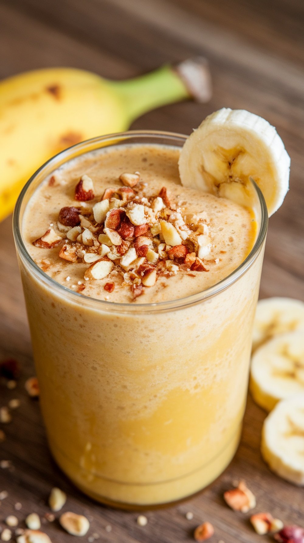 Nutty Banana Smoothie in a glass with chopped nuts on top and banana slices beside it