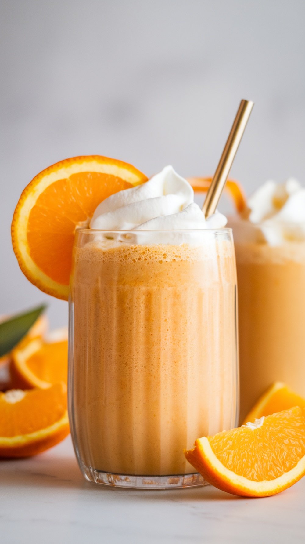 A refreshing Orange Creamsicle Smoothie topped with whipped cream and garnished with an orange slice.