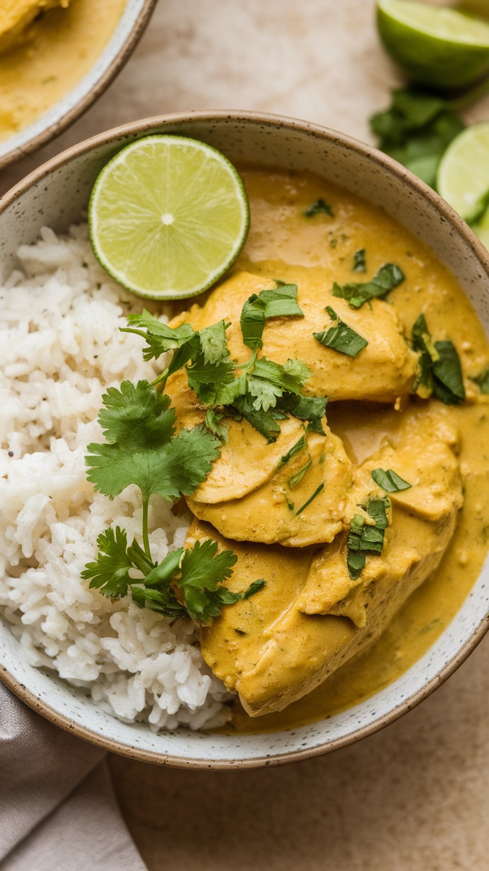 Bowl of Coconut Curry Chicken with rice, lime, and cilantro