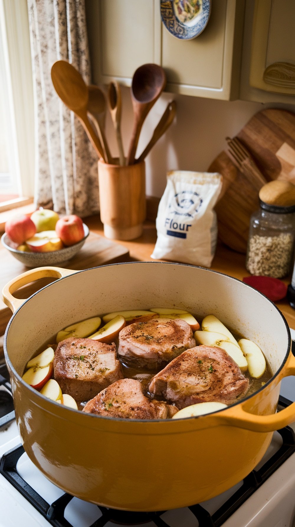 Pork chops braising in apple cider with apple slices in a yellow pot